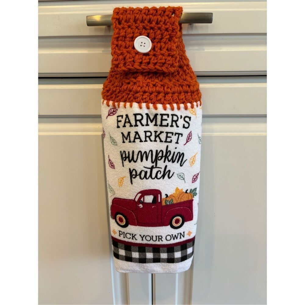 Crochet Top Kitchen towel-Farmers market pumpkin patch red truck